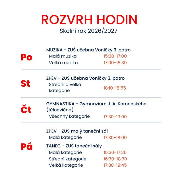 Rozvrh hodin, školní rok 2026/2027